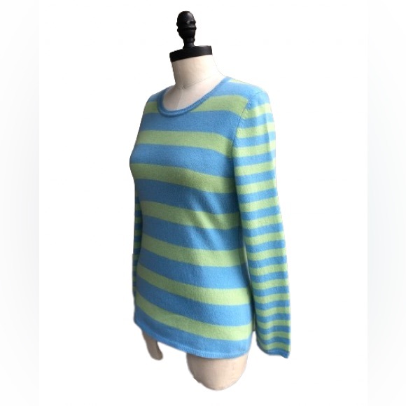 100% Cashmere Striped Stripes Blue Green Knit Sweater Top Medium - Picture 6 of 10